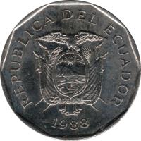 obverse of 10 Sucres (1988) coin with KM# 92.1 from Ecuador. Inscription: REPUBLICA DEL ECUADOR 1988