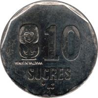 reverse of 10 Sucres (1988) coin with KM# 92.1 from Ecuador. Inscription: 10 SUCRES VENUS DE VALDIVIA