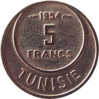 reverse of 5 Francs - Muhammad VIII al-Amin (1954 - 1957) coin with KM# 277 from Tunisia. Inscription: 1954 5 FRANCS TUNISIE