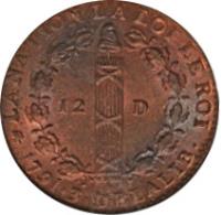 reverse of 12 Deniers - Louis XVI (1791 - 1793) coin with KM# 600 from France. Inscription: LA NATION LA LOI LE ROI 12	D• 1791•3• DE LA LIB
