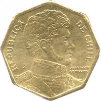 obverse of 5 Pesos (1992 - 2013) coin with KM# 232 from Chile. Inscription: REPUBLICA DE CHILE So LIBERTADOR B O'HIGGINS R.THENOT