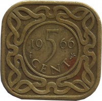 Suriname coin 5 Cents - Juliana (1962 - 1972) reverse reverse of 5 Cents - Juliana (1962 - 1972) coin with KM# 12.1 from Suriname. Inscription: 19 5 66 CENT