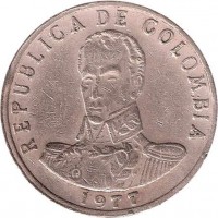obverse of 2 Pesos (1977 - 1988) coin with KM# 263 from Colombia. Inscription: REPUBLICA DE COLOMBIA 1987