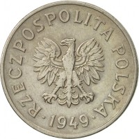 obverse of 20 Groszy (1949) coin with Y# 43 from Poland. Inscription: RZECZPOSPOLITA POLSKA · 1949 ·
