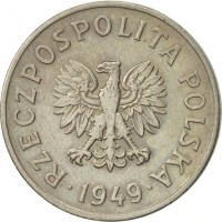 Poland coin 20 Groszy (1949) obverse obverse of 20 Groszy (1949) coin with Y# 43 from Poland. Inscription: RZECZPOSPOLITA POLSKA · 1949 ·