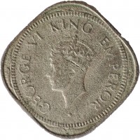 India coin 2 Annas - George VI (1946 - 1947) obverse obverse of 2 Annas - George VI (1946 - 1947) coin with KM# 542 from India. Inscription: GEORGE VI KING EMPEROR