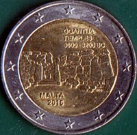 Malta coin 2 Euro - Malta's Prehistoric Monuments: Ġgantija Temples (2016) obverse obverse of 2 Euro - Malta's Prehistoric Monuments: Ġgantija Temples (2016) coin from Malta. Inscription: ĠGANTIJA TEMPLES 3800-3200 BC NGB MALTA 2016 F