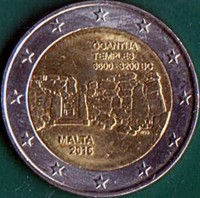 obverse of 2 Euro - Malta's Prehistoric Monuments: Ġgantija Temples (2016) coin from Malta. Inscription: ĠGANTIJA TEMPLES 3800-3200 BC NGB MALTA 2016 F