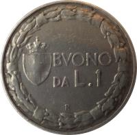 reverse of 1 Lira - Vittorio Emanuele III (1922 - 1935) coin with KM# 62 from Italy. Inscription: BVONO DA L.1 R