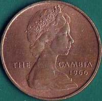 obverse of 1 Penny - Elizabeth II - 2'nd Portrait (1966) coin with KM# 1 from Gambia. Inscription: THE GAMBIA 1966