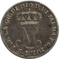 Italian States coin 5 Soldi - Maria Luigia (1815 - 1830) reverse reverse of 5 Soldi - Maria Luigia (1815 - 1830) coin with C# 26 from Italian States. Inscription: PER LA GR.DI DIO D.DI PARMA P.G. 5. SOLDI