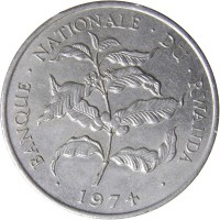 obverse of 10 Francs - Larger (1974) coin with KM# 14.1 from Rwanda. Inscription: BANQUE · NATIONALE · DU · RWANDA · 1974 ·