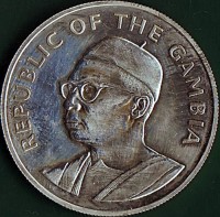 obverse of 10 Dalasis - 10 Years of Independence (1975) coin with KM# 16 from Gambia. Inscription: REPUBLIC OF THE GAMBIA