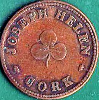 obverse of 1 Farthing (1847) coin from Ireland. Inscription: JOSEPH HELEN CORK