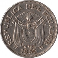 obverse of 20 Centavos (1959 - 1972) coin with KM# 77.1c from Ecuador. Inscription: REPUBLICA DEL ECUADOR 1959