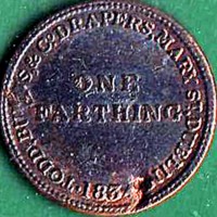 reverse of 1 Farthing - William IV (1834) coin from Ireland. Inscription: TODD, BURNS & Co DRAPERS MARY ST DUBLIN 1834 ONE FARTHING