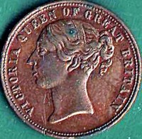 obverse of 1 Farthing - Victoria coin from Ireland. Inscription: VICTORIA QUEEN OF GREAT BRITAIN