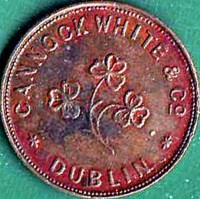 reverse of 1 Farthing - Victoria coin from Ireland. Inscription: CANNOCK WHITE & CO. DUBLIN