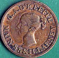 Ireland coin 1 Farthing - Victoria obverse obverse of 1 Farthing - Victoria coin from Ireland. Inscription: C.A. O'KEEFFE MAIN ST., KILLARNEY