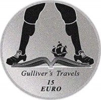 reverse of 15 Euro - Gulliver's Travels (2017) coin from Ireland. Inscription: GULLIVER'S TRAVELS 15 EURO