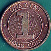 reverse of 1 Cent (2014) coin with KM# 16 from Zimbabwe. Inscription: ONE CENT 1 BOND COIN