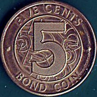 reverse of 5 Cents (2014) coin with KM# 17 from Zimbabwe. Inscription: FIVE CENTS 5 BOND COIN