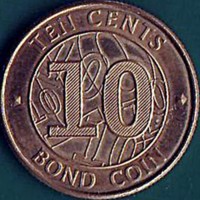 reverse of 10 Cents (2014) coin with KM# 18 from Zimbabwe. Inscription: TEN CENTS 10 BOND COIN
