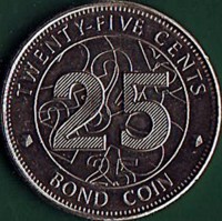 reverse of 25 Cents (2014) coin with KM# 19 from Zimbabwe. Inscription: TWENTY-FIVE CENTS 25 BOND COIN