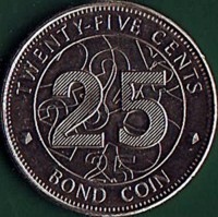 Zimbabwe coin 25 Cents (2014) reverse reverse of 25 Cents (2014) coin with KM# 19 from Zimbabwe. Inscription: TWENTY-FIVE CENTS 25 BOND COIN