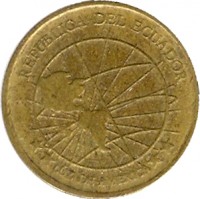 obverse of 1 Centavo (2000 - 2004) coin with KM# 104 from Ecuador. Inscription: REPUBLICA DEL ECUADOR **LUZ DE AMERICA**