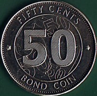 reverse of 50 Cents (2014 - 2017) coin with KM# 20 from Zimbabwe. Inscription: FIFTY CENTS 50 BOND COIN