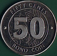Zimbabwe coin 50 Cents (2014 - 2017) reverse reverse of 50 Cents (2014 - 2017) coin with KM# 20 from Zimbabwe. Inscription: FIFTY CENTS 50 BOND COIN