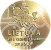 obverse of 50 Euro - The 100th Anniversary of the Restoration of Lithuania’s Independence: Signatories (2018) coin from Lithuania. Inscription: LIETUVA 1918 VASARIO 16-OJI 2018 50€