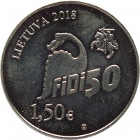 obverse of 1.5 Euro - 50th Physicists Day of Vilnius University: FiDi 50 (2018) coin with KM# 227 from Lithuania. Inscription: LIETUVA 2018 FiFi50 1,50€