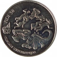 Lithuania coin 1.5 Euro - 50th Physicists Day of Vilnius University: FiDi 50 (2018) reverse reverse of 1.5 Euro - 50th Physicists Day of Vilnius University: FiDi 50 (2018) coin with KM# 227 from Lithuania. Inscription: FiDi 50 VILNIAUS UNIVERSITETAS