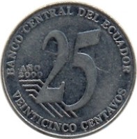 reverse of 25 Centavos (2000) coin with KM# 107 from Ecuador. Inscription: BANCO CENTRAL DEL ECUADOR AÑO 2000 VEINTICINCO CENTAVOS