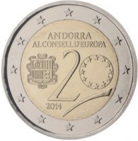 Andorra coin 2 Euro - 20th Anniversary of Andorra's Membership in the Council of Europe (2014) obverse obverse of 2 Euro - 20th Anniversary of Andorra's Membership in the Council of Europe (2014) coin from Andorra. Inscription: ANDORRA AL CONSELL D'EUROPA 20 2014