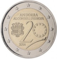 obverse of 2 Euro - 20th Anniversary of Andorra's Membership in the Council of Europe (2014) coin from Andorra. Inscription: ANDORRA AL CONSELL D'EUROPA 20 2014