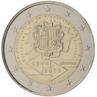 Andorra coin 2 Euro - 25th Anniversary of the Signature of the Customs Agreement with the European Union (2015) obverse obverse of 2 Euro - 25th Anniversary of the Signature of the Customs Agreement with the European Union (2015) coin from Andorra. Inscription: 25è aniversari de la Signatura de l’Acord Duaner amb la Unió Europea 1990 ANDORRA 2015