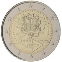 obverse of 2 Euro - 25th Anniversary of the Signature of the Customs Agreement with the European Union (2015) coin from Andorra. Inscription: 25è aniversari de la Signatura de l’Acord Duaner amb la Unió Europea 1990 ANDORRA 2015