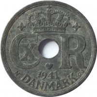 obverse of 25 Øre - Christian X - German Occupation (1941 - 1945) coin with KM# 823.2a from Denmark. Inscription: CX R 1941 N DANMARK GJ