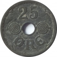 Denmark coin 25 Øre - Christian X - German Occupation (1941 - 1945) reverse reverse of 25 Øre - Christian X - German Occupation (1941 - 1945) coin with KM# 823.2a from Denmark. Inscription: 25 ØRE