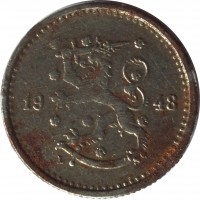 obverse of 50 Penniä (1943 - 1948) coin with KM# 26b from Finland. Inscription: 19 48 L