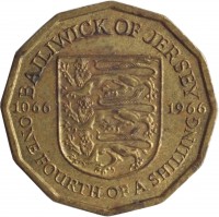 Jersey coin 1/4 Shilling - Elizabeth II - Norman Conquest (1966) reverse reverse of 1/4 Shilling - Elizabeth II - Norman Conquest (1966) coin with KM# 27 from Jersey. Inscription: BAILIWICK OF JERSEY 1066 1966 ONE FOURTH OF A SHILLING