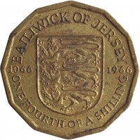 reverse of 1/4 Shilling - Elizabeth II - Norman Conquest (1966) coin with KM# 27 from Jersey. Inscription: BAILIWICK OF JERSEY 1066 1966 ONE FOURTH OF A SHILLING