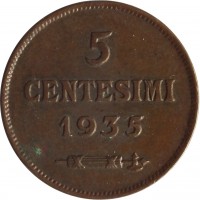 San Marino coin 5 Centesimi (1935 - 1938) reverse reverse of 5 Centesimi (1935 - 1938) coin with KM# 12 from San Marino. Inscription: 5 CENTESIMI 1935