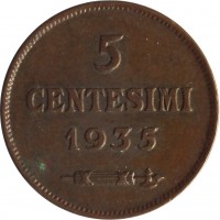 reverse of 5 Centesimi (1935 - 1938) coin with KM# 12 from San Marino. Inscription: 5 CENTESIMI 1935