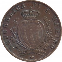 San Marino coin 5 Centesimi (1864 - 1894) obverse obverse of 5 Centesimi (1864 - 1894) coin with KM# 1 from San Marino. Inscription: REPUBBLICA DI S. MARINO