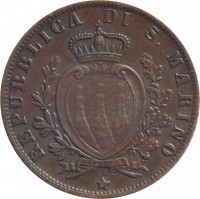 obverse of 5 Centesimi (1864 - 1894) coin with KM# 1 from San Marino. Inscription: REPUBBLICA DI S. MARINO