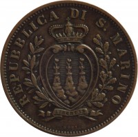 San Marino coin 10 Centesimi (1875 - 1894) obverse obverse of 10 Centesimi (1875 - 1894) coin with KM# 2 from San Marino. Inscription: REPUBBLICA DI S. MARINO LIBERTAS